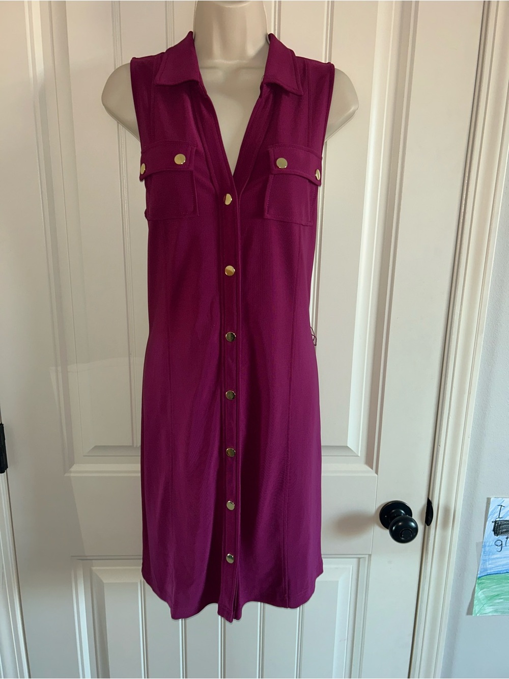 NEW Boston Proper Sleeveless Magenta Gold Button-Front Mini Dress Sz M